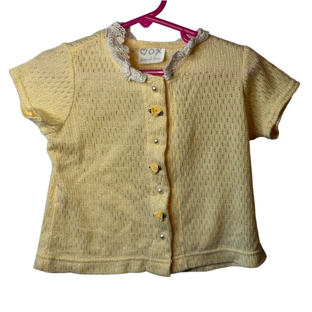 VTG Lots of Love Girls Yellow Knit Cardigan Top Lace‎ Trim Floral Buttons Casual